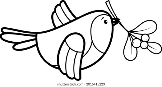 Christmas coloring book or page for kids. Christmas Bird black and white vector illustration