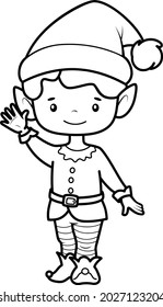 Christmas coloring book or page for kids. Christmas elf black and white vector illustration