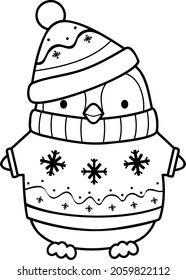 Christmas coloring book or page. Christmas penguin black and white vector illustration