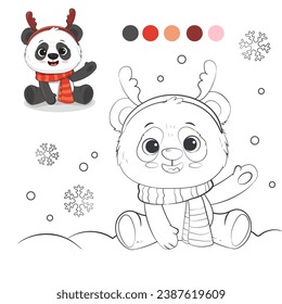 Libro navideño de colorear con oso panda. Panda lindo con estilo doodle sobre un fondo blanco. С de acuerdo con la muestra. Ilustración del vector