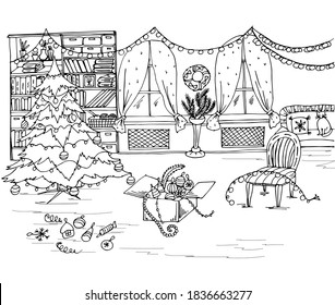 Christmas coloring book with room, toys, Christmas tree, holiday decorations, furniture . Vector illustration for New year background, greeting card, decoration, design, poster, sticker, design, wallp