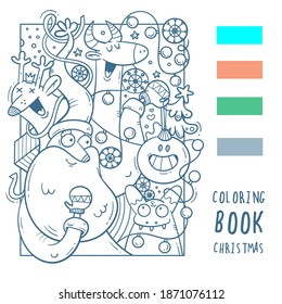 Christmas coloring book with Santa Claus, deer and bull. New Year's funny print. Festive winter doodle poster.