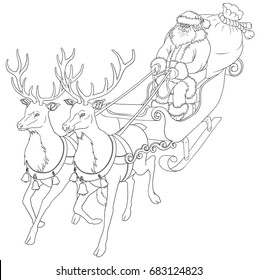 Christmas coloring book with Santa Claus, bag with gifts and deers isolated on white.