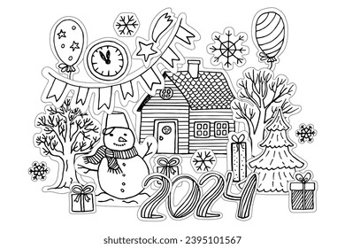 Christmas coloring book with a snowman house and gifts.