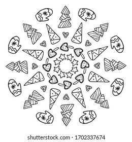 Christmas coloring books for children. Winter holidays round frame in doodle style in vector. Anti stress coloring page with small details.