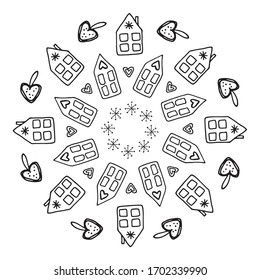 Christmas coloring books for children. Winter holidays round frame in doodle style in vector. Anti stress coloring page with small details.