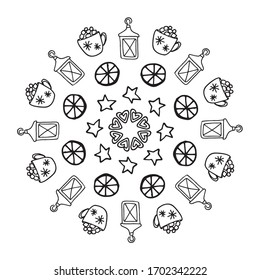 Christmas coloring books for children. Winter holidays round frame in doodle style in vector. Anti stress coloring page with small details.