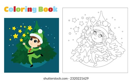 Christmas coloring for children. Little cute elf runs and scatters the stars. The child is happy and smiling. The boy is wearing green elf clothes.