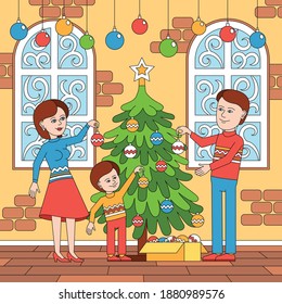 Christmas coloring composition with human characters of family members decorating new year tree in house room vector illustration