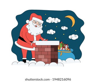 Composición de color navideño con vista de la casa de invierno con carácter santa cerca de la ilustración del vector de la chimenea del techo