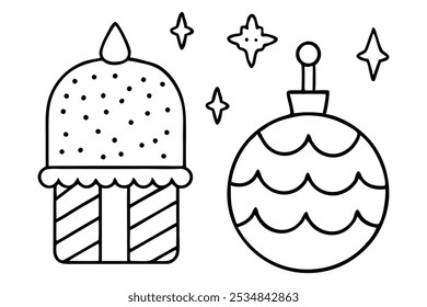
Navidades para colorear Elementos de doodle, dibujado a mano en blanco y negro línea arte decoración de vacaciones, dibujo de contorno de bola de Navidad para niños para colorear página


