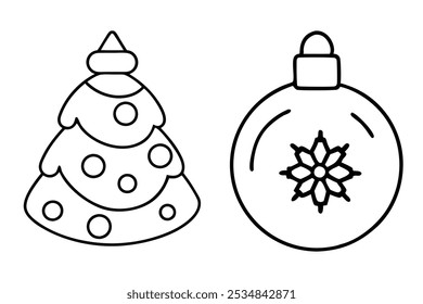 
Navidades para colorear Elementos de doodle, dibujado a mano en blanco y negro línea arte decoración de vacaciones, dibujo de contorno de bola de Navidad para niños para colorear página


