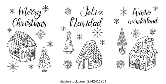 Natal colorido mão desenhado conjunto com caligrafia festiva como Feliz Natal, Feliz Navidad e inverno Wonderland, com charmoso vetor doodle de casas de gengibre, árvores decoradas, e flocos de neve