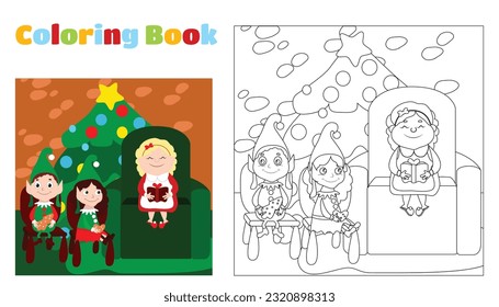 Christmas coloring. Mrs. Santa Claus and little elves are sitting near the Christmas tree. Mrs. Santa is reading a book to the elves. A feeling of holiday and coziness. Coloring book for children.