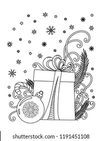 Christmas coloring page. Adult coloring book. Holiday gifts and decore. Hand drawn vector illustration.