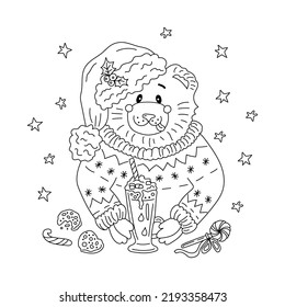 Christmas coloring page. Bear with hot drink, milkshake, sweet cocktail. Line art vector illustration.