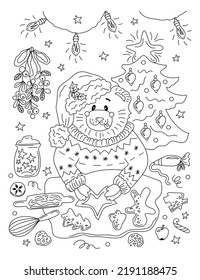 Christmas coloring page. Bear is making christmas cookies. Line art vector illustration.