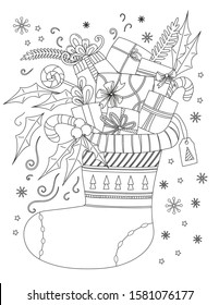 Christmas coloring page. Coloring Book for adults. Christmas sock with gifts and candy cane. Hand drawn vector illustration