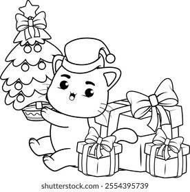  Christmas coloring page with cat for kids