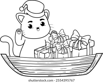  Christmas coloring page with cat for kids