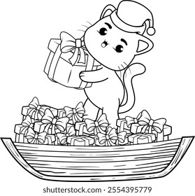  Christmas coloring page with cat for kids