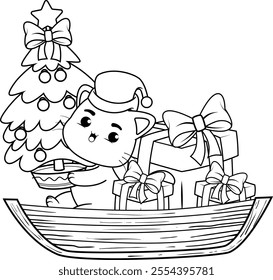  Christmas coloring page with cat for kids