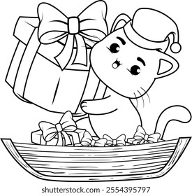  Christmas coloring page with cat for kids