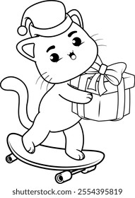  Christmas coloring page with cat for kids