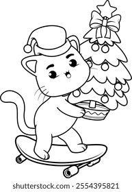  Christmas coloring page with cat for kids