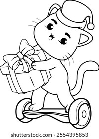  Christmas coloring page with cat for kids