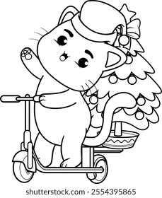  Christmas coloring page with cat for kids