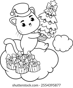  Christmas coloring page with cat for kids