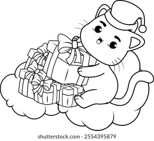  Christmas coloring page with cat for kids