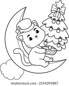  Christmas coloring page with cat for kids