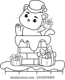  Christmas coloring page with cat for kids