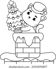  Christmas coloring page with cat for kids