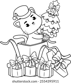  Christmas coloring page with cat for kids