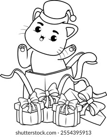  Christmas coloring page with cat for kids