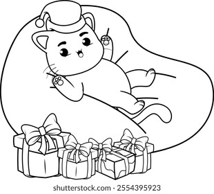  Christmas coloring page with cat for kids