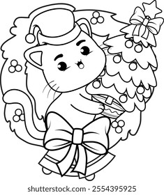  Christmas coloring page with cat for kids