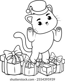  Christmas coloring page with cat for kids