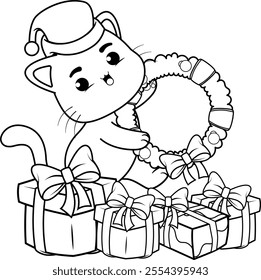  Christmas coloring page with cat for kids