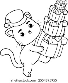  Christmas coloring page with cat for kids