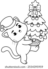  Christmas coloring page with cat for kids