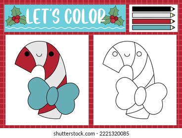 Christmas coloring page for children with cute kawaii caramel candy cane. Vector winter holiday outline illustration. Color book for kids with colored example. Drawing skills printable worksheet
