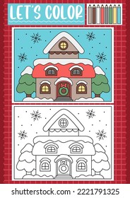 Christmas coloring page for children with cute kawaii decorated house. Vector winter holiday outline illustration. Color book for kids with colored example. Drawing skills printable worksheet
