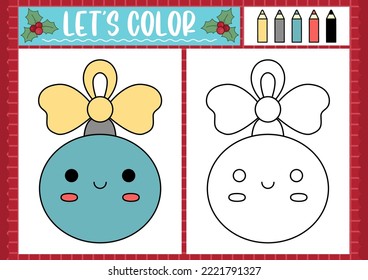 Christmas coloring page for children with cute kawaii colored ball. Vector winter holiday outline illustration. Color book for kids with colored example. Drawing skills printable worksheet
