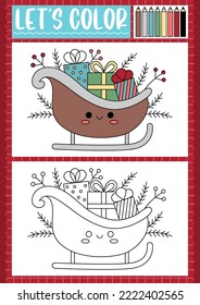 Christmas coloring page for children with cute kawaii Santa sledge with presents. Vector winter holiday outline illustration. Color book for kids with colored example. Drawing printable worksheet