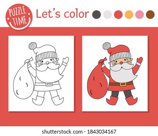 Christmas coloring page for children. Funny Santa Claus. Vector winter holiday outline illustration with Santa. New Year party color book for kids with colored example
