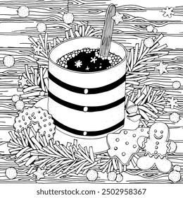 Christmas Coloring Page with Coffee Mug and Candy Cane – Detailed Black and White Festive Illustration. Zentangle patterns.